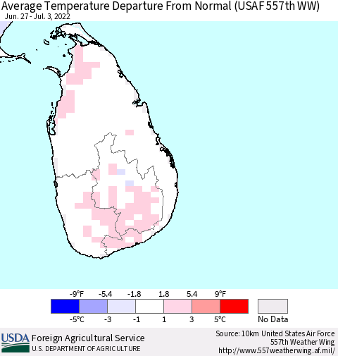 Sri Lanka Average Temperature Departure From Normal (USAF 557th WW) Thematic Map For 6/27/2022 - 7/3/2022