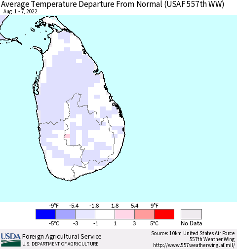 Sri Lanka Average Temperature Departure From Normal (USAF 557th WW) Thematic Map For 8/1/2022 - 8/7/2022