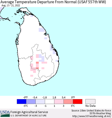 Sri Lanka Average Temperature Departure from Normal (USAF 557th WW) Thematic Map For 8/15/2022 - 8/21/2022