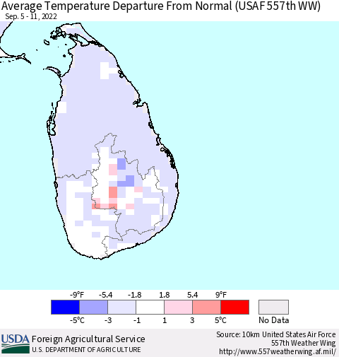 Sri Lanka Average Temperature Departure from Normal (USAF 557th WW) Thematic Map For 9/5/2022 - 9/11/2022