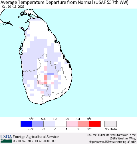 Sri Lanka Average Temperature Departure from Normal (USAF 557th WW) Thematic Map For 10/10/2022 - 10/16/2022
