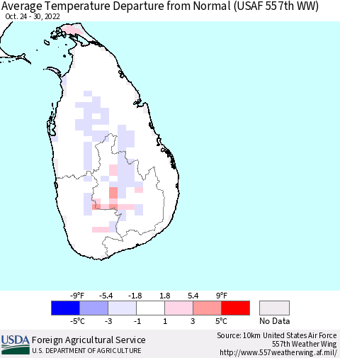 Sri Lanka Average Temperature Departure from Normal (USAF 557th WW) Thematic Map For 10/24/2022 - 10/30/2022