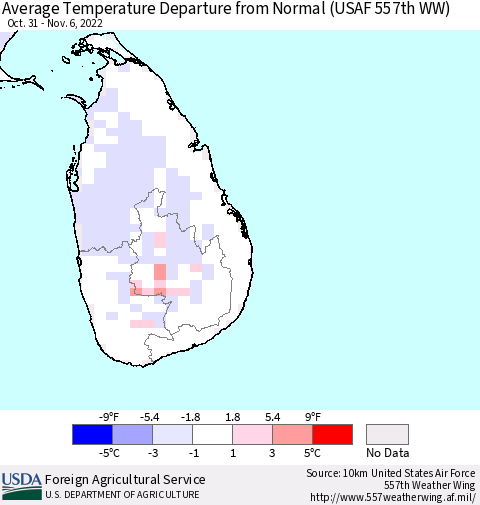 Sri Lanka Average Temperature Departure from Normal (USAF 557th WW) Thematic Map For 10/31/2022 - 11/6/2022