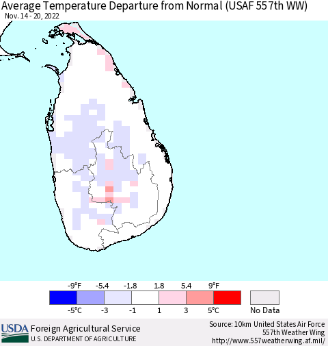 Sri Lanka Average Temperature Departure from Normal (USAF 557th WW) Thematic Map For 11/14/2022 - 11/20/2022