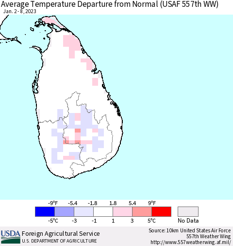 Sri Lanka Average Temperature Departure from Normal (USAF 557th WW) Thematic Map For 1/2/2023 - 1/8/2023