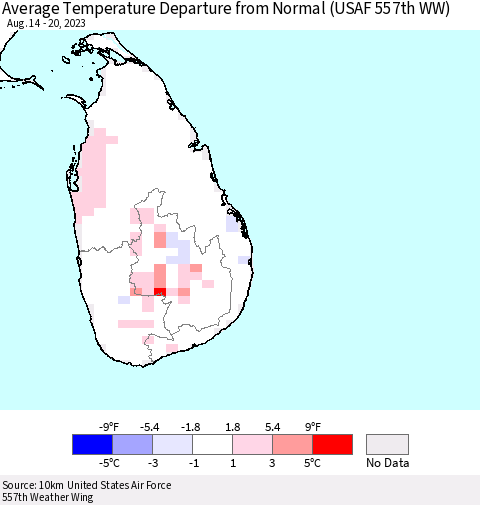 Sri Lanka Average Temperature Departure from Normal (USAF 557th WW) Thematic Map For 8/14/2023 - 8/20/2023