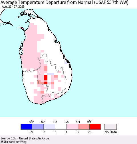 Sri Lanka Average Temperature Departure from Normal (USAF 557th WW) Thematic Map For 8/21/2023 - 8/27/2023