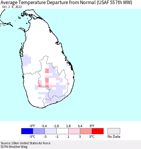 Sri Lanka Average Temperature Departure from Normal (USAF 557th WW) Thematic Map For 10/2/2023 - 10/8/2023
