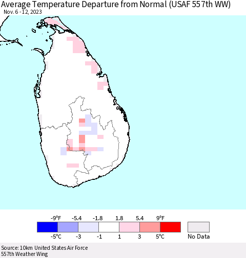 Sri Lanka Average Temperature Departure from Normal (USAF 557th WW) Thematic Map For 11/6/2023 - 11/12/2023
