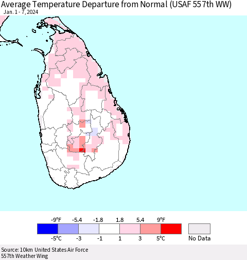 Sri Lanka Average Temperature Departure from Normal (USAF 557th WW) Thematic Map For 1/1/2024 - 1/7/2024