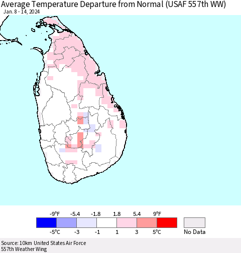 Sri Lanka Average Temperature Departure from Normal (USAF 557th WW) Thematic Map For 1/8/2024 - 1/14/2024