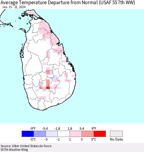 Sri Lanka Average Temperature Departure from Normal (USAF 557th WW) Thematic Map For 1/15/2024 - 1/21/2024