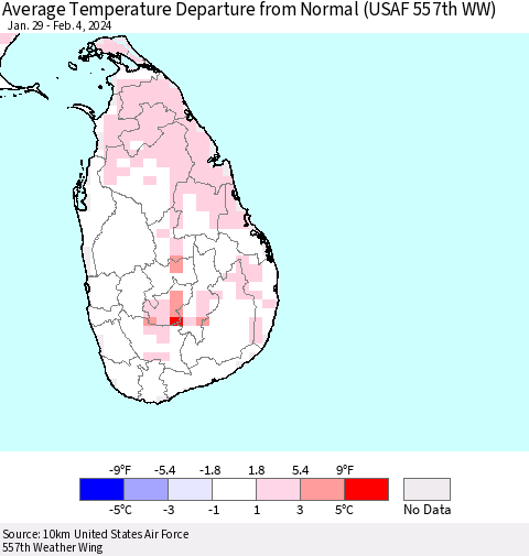 Sri Lanka Average Temperature Departure from Normal (USAF 557th WW) Thematic Map For 1/29/2024 - 2/4/2024