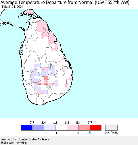 Sri Lanka Average Temperature Departure from Normal (USAF 557th WW) Thematic Map For 2/5/2024 - 2/11/2024