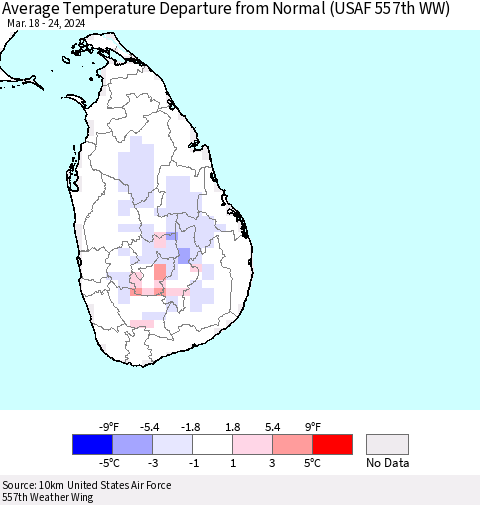 Sri Lanka Average Temperature Departure from Normal (USAF 557th WW) Thematic Map For 3/18/2024 - 3/24/2024