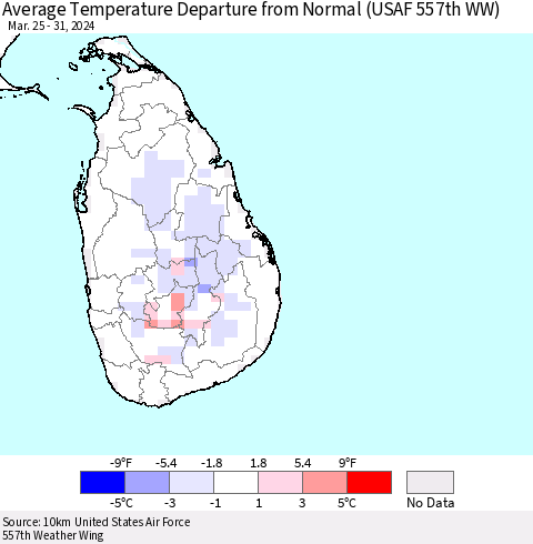 Sri Lanka Average Temperature Departure from Normal (USAF 557th WW) Thematic Map For 3/25/2024 - 3/31/2024