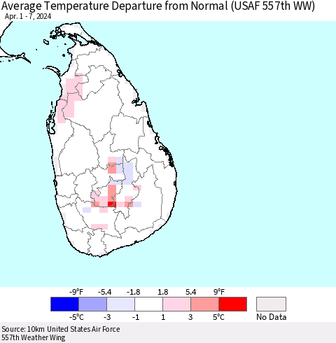 Sri Lanka Average Temperature Departure from Normal (USAF 557th WW) Thematic Map For 4/1/2024 - 4/7/2024