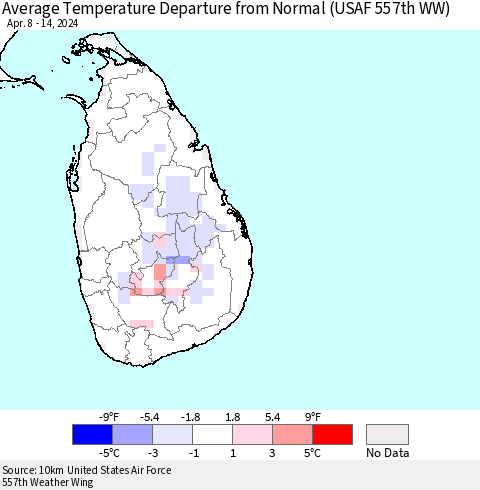 Sri Lanka Average Temperature Departure from Normal (USAF 557th WW) Thematic Map For 4/8/2024 - 4/14/2024