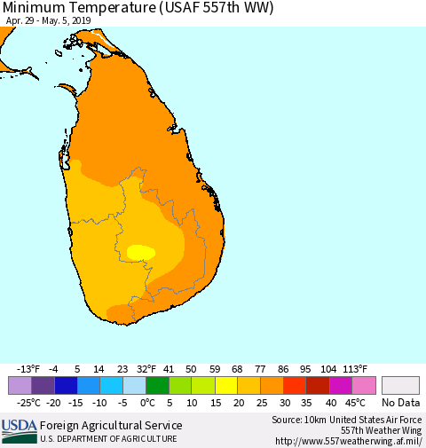 Sri Lanka Mean Minimum Temperature (USAF 557th WW) Thematic Map For 4/29/2019 - 5/5/2019
