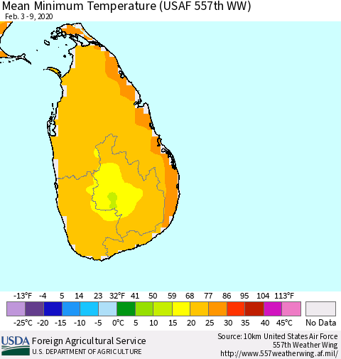 Sri Lanka Minimum Temperature (USAF 557th WW) Thematic Map For 2/3/2020 - 2/9/2020