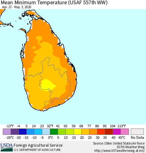 Sri Lanka Mean Minimum Temperature (USAF 557th WW) Thematic Map For 4/27/2020 - 5/3/2020