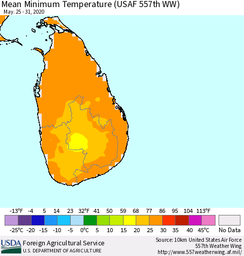 Sri Lanka Minimum Temperature (USAF 557th WW) Thematic Map For 5/25/2020 - 5/31/2020