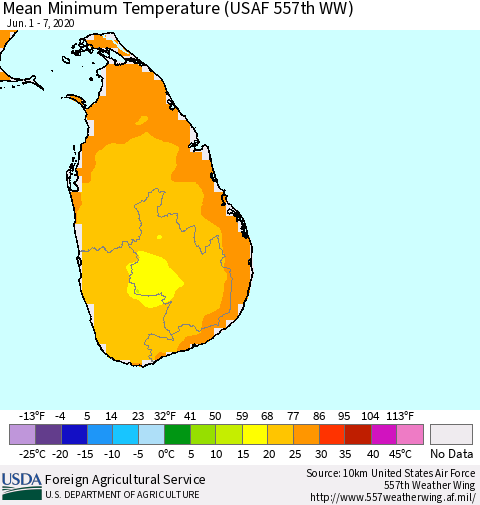Sri Lanka Minimum Temperature (USAF 557th WW) Thematic Map For 6/1/2020 - 6/7/2020