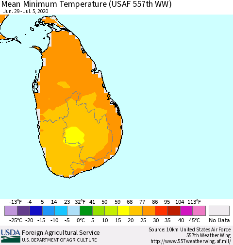 Sri Lanka Minimum Temperature (USAF 557th WW) Thematic Map For 6/29/2020 - 7/5/2020