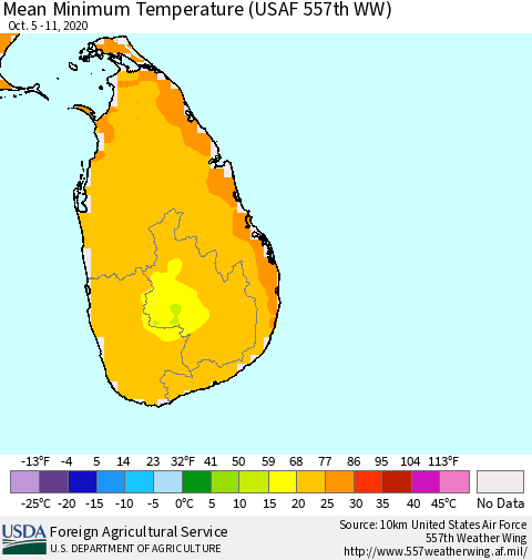 Sri Lanka Minimum Temperature (USAF 557th WW) Thematic Map For 10/5/2020 - 10/11/2020