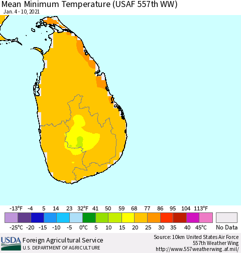 Sri Lanka Mean Minimum Temperature (USAF 557th WW) Thematic Map For 1/4/2021 - 1/10/2021