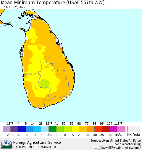 Sri Lanka Mean Minimum Temperature (USAF 557th WW) Thematic Map For 1/17/2022 - 1/23/2022