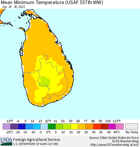 Sri Lanka Mean Minimum Temperature (USAF 557th WW) Thematic Map For 1/24/2022 - 1/30/2022