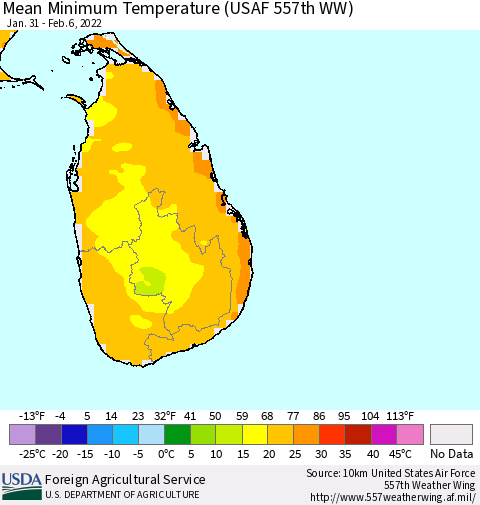Sri Lanka Mean Minimum Temperature (USAF 557th WW) Thematic Map For 1/31/2022 - 2/6/2022