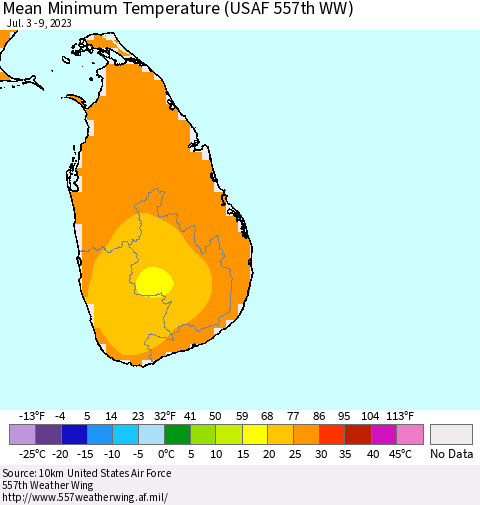 Sri Lanka Mean Minimum Temperature (USAF 557th WW) Thematic Map For 7/3/2023 - 7/9/2023