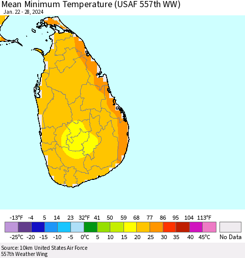 Sri Lanka Mean Minimum Temperature (USAF 557th WW) Thematic Map For 1/22/2024 - 1/28/2024