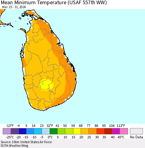 Sri Lanka Mean Minimum Temperature (USAF 557th WW) Thematic Map For 3/25/2024 - 3/31/2024