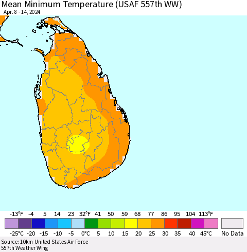 Sri Lanka Mean Minimum Temperature (USAF 557th WW) Thematic Map For 4/8/2024 - 4/14/2024