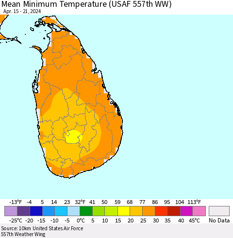 Sri Lanka Mean Minimum Temperature (USAF 557th WW) Thematic Map For 4/15/2024 - 4/21/2024