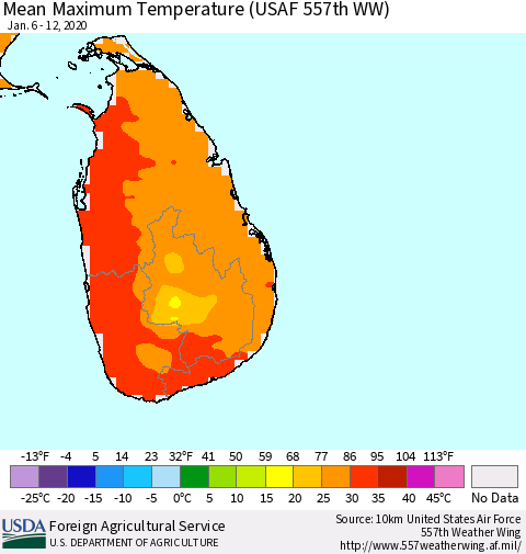 Sri Lanka Maximum Temperature (USAF 557th WW) Thematic Map For 1/6/2020 - 1/12/2020