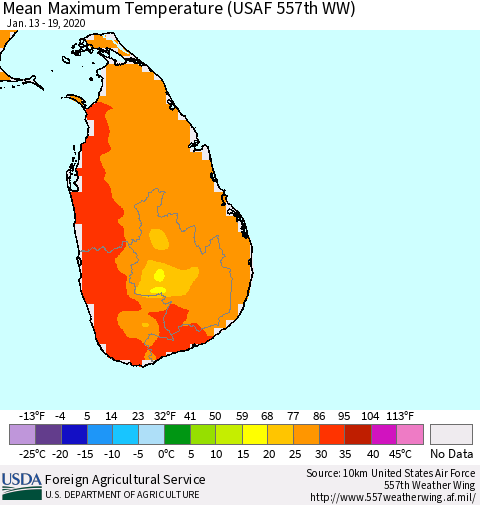 Sri Lanka Maximum Temperature (USAF 557th WW) Thematic Map For 1/13/2020 - 1/19/2020