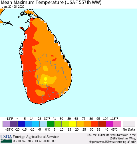 Sri Lanka Mean Maximum Temperature (USAF 557th WW) Thematic Map For 1/20/2020 - 1/26/2020