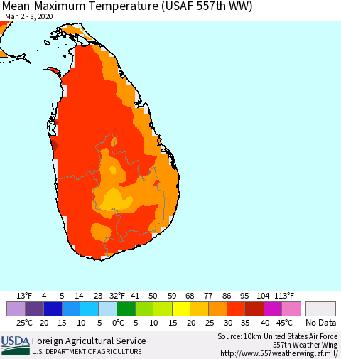 Sri Lanka Maximum Temperature (USAF 557th WW) Thematic Map For 3/2/2020 - 3/8/2020