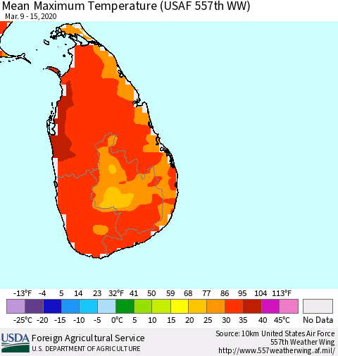 Sri Lanka Maximum Temperature (USAF 557th WW) Thematic Map For 3/9/2020 - 3/15/2020