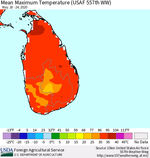 Sri Lanka Maximum Temperature (USAF 557th WW) Thematic Map For 5/18/2020 - 5/24/2020