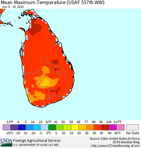 Sri Lanka Mean Maximum Temperature (USAF 557th WW) Thematic Map For 6/8/2020 - 6/14/2020