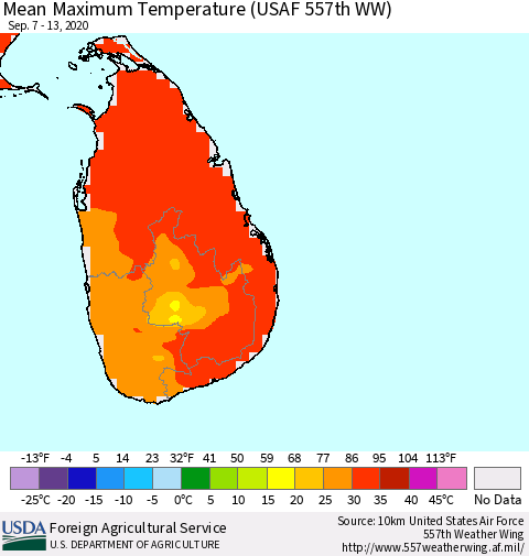 Sri Lanka Maximum Temperature (USAF 557th WW) Thematic Map For 9/7/2020 - 9/13/2020