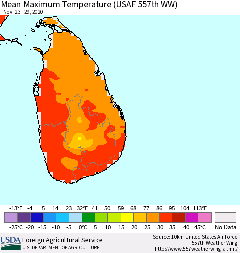 Sri Lanka Maximum Temperature (USAF 557th WW) Thematic Map For 11/23/2020 - 11/29/2020