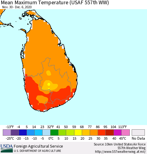 Sri Lanka Maximum Temperature (USAF 557th WW) Thematic Map For 11/30/2020 - 12/6/2020