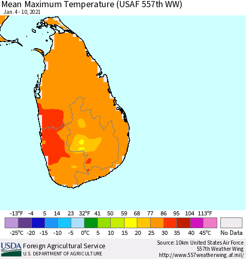 Sri Lanka Maximum Temperature (USAF 557th WW) Thematic Map For 1/4/2021 - 1/10/2021