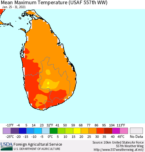 Sri Lanka Mean Maximum Temperature (USAF 557th WW) Thematic Map For 1/25/2021 - 1/31/2021
